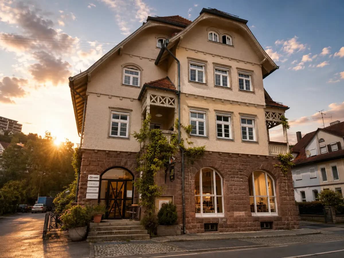 Die Alte Post in Neuenbürg im Abendlicht, ein Postamt von etwa 1902 mit Sandsteinsockel und Rundbogenfenstern