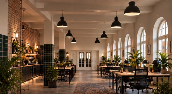 Arbeitsraum mit langen Tischreihen und Rundbogenfenstern