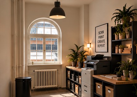 Kleiner Raum mit Drucker, Regalen und Rundbogenfenster