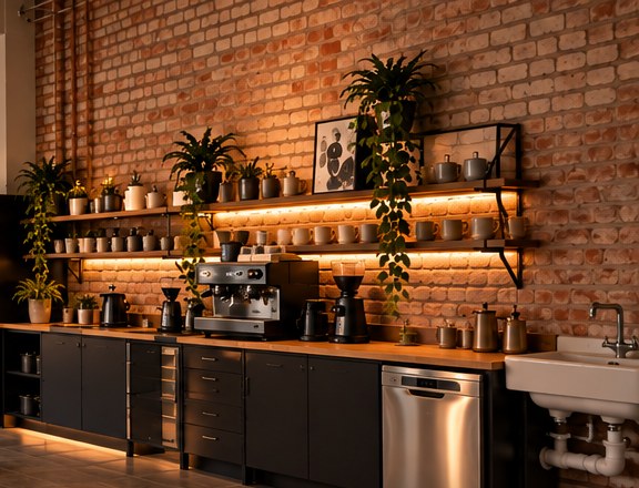 Kaffeeküche mit Siebträgermaschine, Mühle und langem Tresen vor einer Backsteinwand